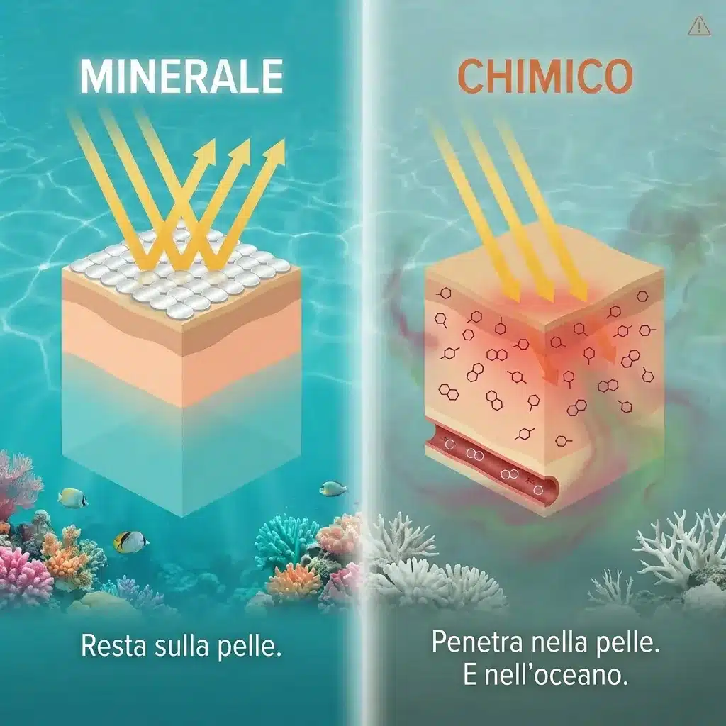 Diagramma: filtri UV minerali vs chimici – meccanismi a confronto