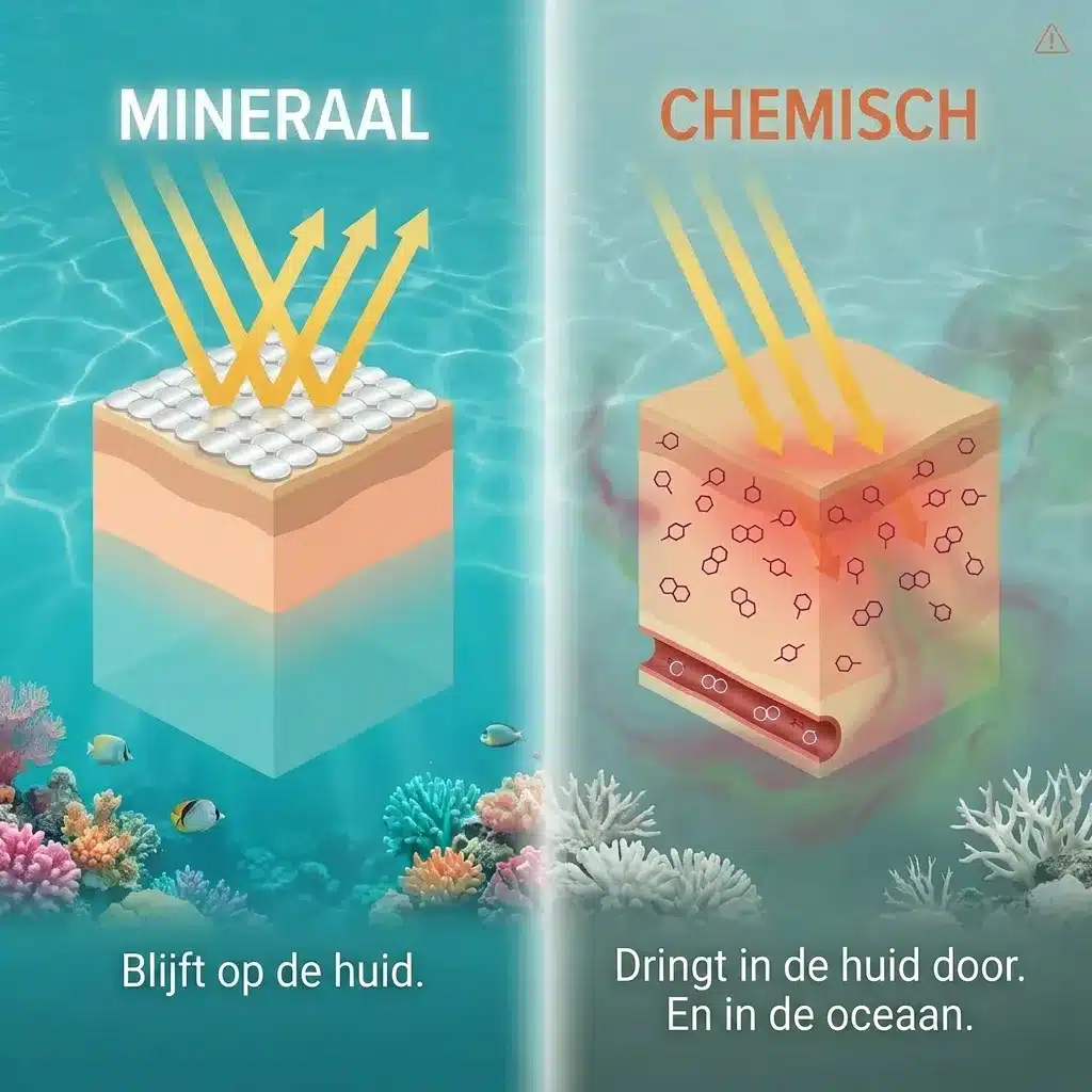 Diagram: minerale vs. chemische UV-filters – werkingsprincipe vergeleken