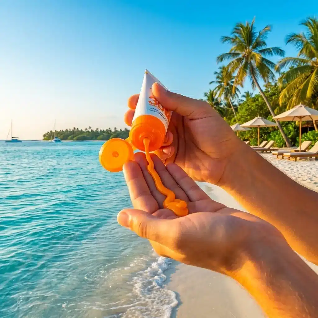 Hand mit Sonnencreme am Strand – mineralischer Sonnenschutz
