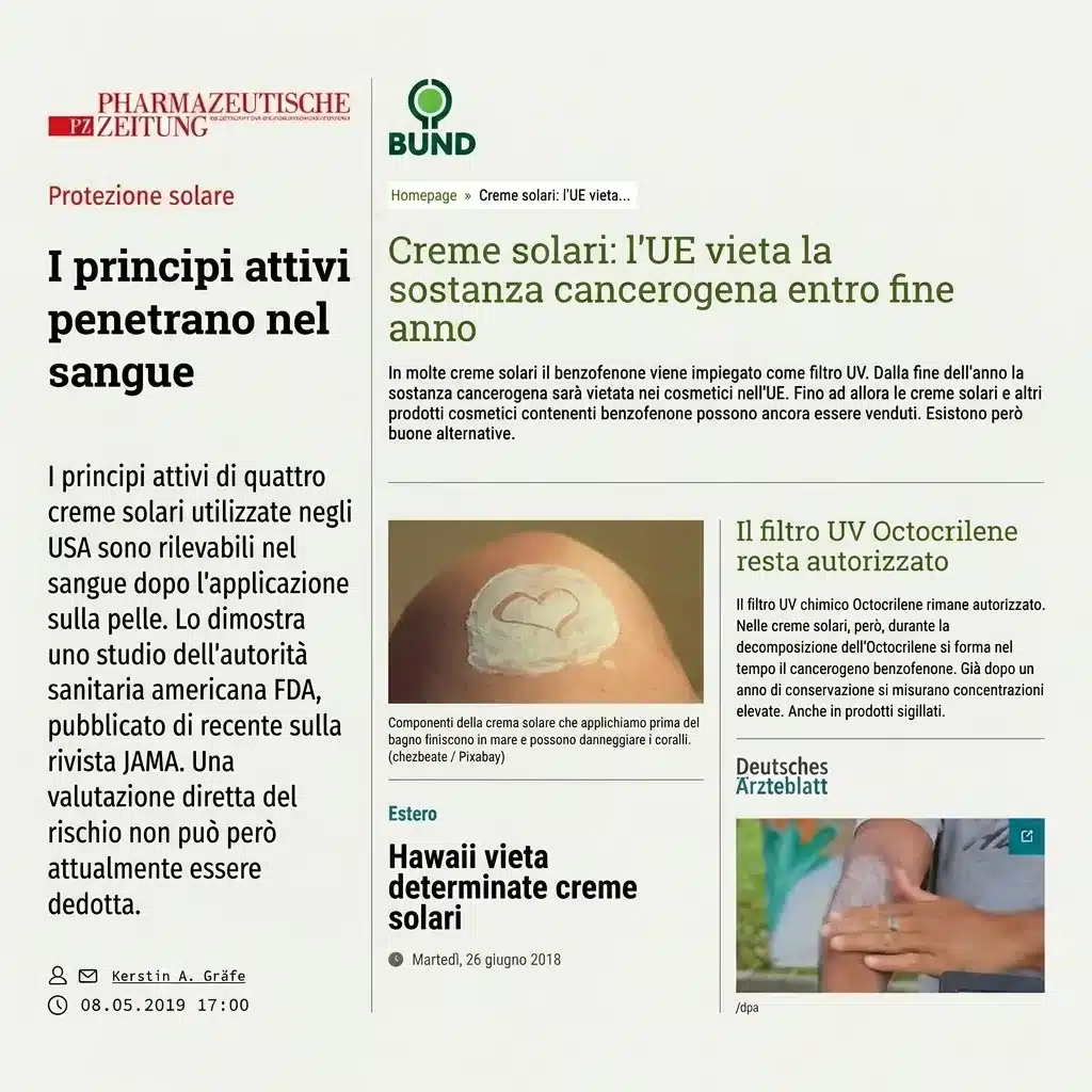 Stampa su ingredienti delle creme solari: Filtri UV nel sangue, divieti UE, Hawaii