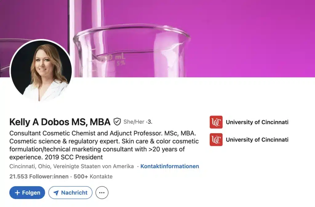 Kelly Dobos LinkedIn-profiel cosmetisch chemicus