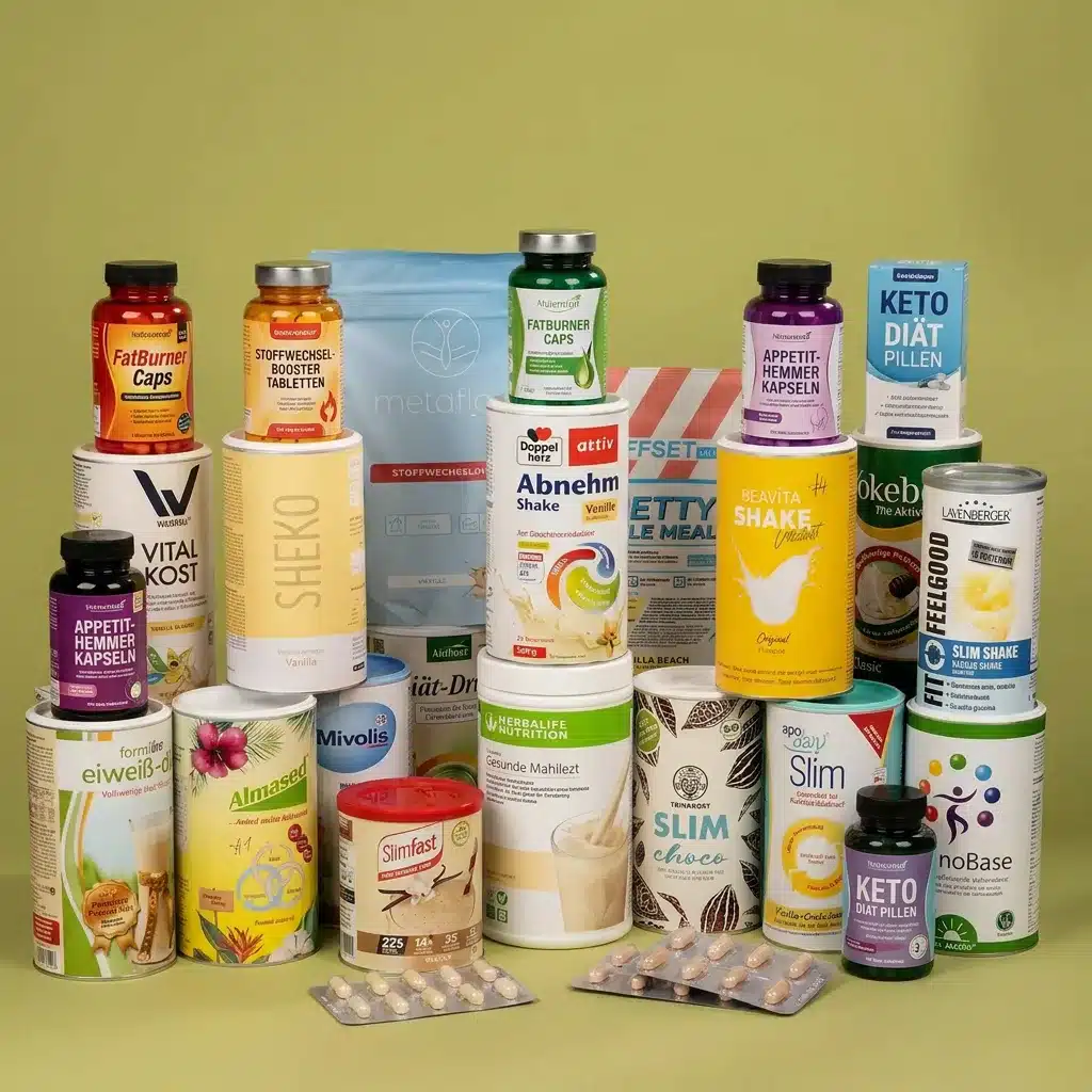 Dutzende rezeptfreie Abnehmprodukte im Verbraucher-Test nebeneinander