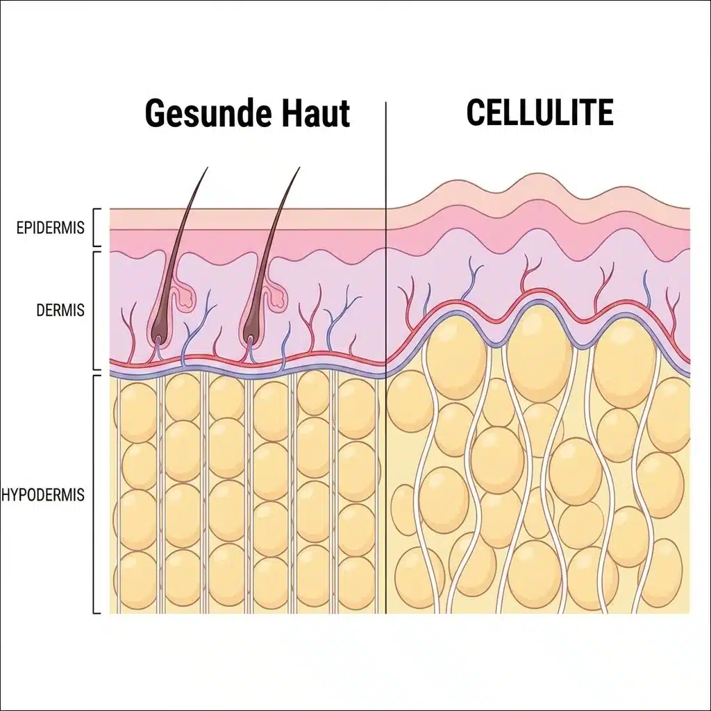 Infografik: Hautschichten bei gesunder Haut und bei Cellulite